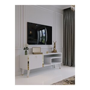 Festival Tv Sehpası G6307-1 Beyaz Parlak Gold Detaylı Minifiks Bağlantı Tv Ünitesi