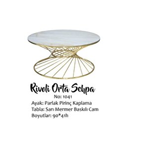 Brc 13367 Orta Rivoli Beyaz Mermer Temper Cam Gold Renk Kaplam Metal Ayak El  Yapı