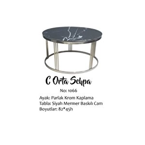 Brc 13350 Orta Sehpa C Model Si̇yah Mermer Temper Cam Metal Gümüş Renk El Yapım