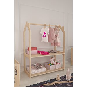 Roof Montessori Boyasız Doğal Ahşap Çocuk Dolabı 3'lü Ahşap Askı Hediyeli
