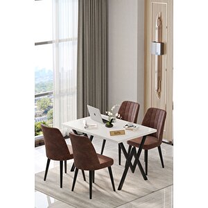 Will Beyaz 70x120 Sabit Mutfak Masası Yemek Masası Masa Sandalye Takımı 4 Kahverengi Sandalye Acı Kahve