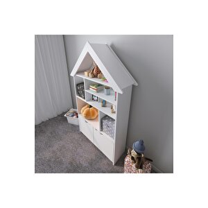 Masal Çocuk Odası Kitaplığı Çatılı Çok Amaçlı Dolap Beyaz