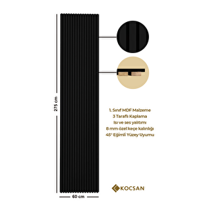 Akustik Ahşap Duvar Paneli - Siyah - 60x275cm -- 8mm Keçe ve %100 Ahşap Profil Çıtalardan Oluşan Duvar Paneli (1 Adet)