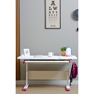 Yükseklik ve Eğim Ayarlı, Vega Simple Çalışma Masası - 130x70 cm, Beyaz/Fuşya Pembe