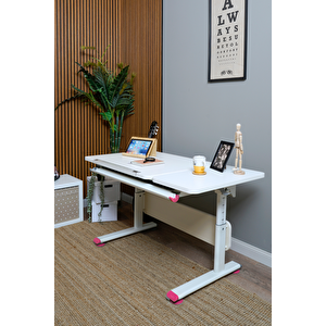 Creo Mobili Yükseklik ve Eğim Ayarlı, Vega Simple Çalışma Masası - 130x70 cm, Beyaz/Fuşya