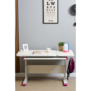 Yükseklik ve Eğim Ayarlı, Çekmeceli, Vega Basic Çalışma Masası 130x70 cm, Ekru/Fuşya Pembe
