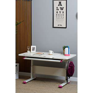 Yükseklik ve Eğim Ayarlı, Çekmeceli, Vega Basic Çalışma Masası 130x70 cm, Ekru/Fuşya Pembe