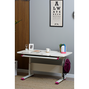 Yükseklik ve Eğim Ayarlı, Vega Simple Çalışma Masası - 130x70 cm, Ekru/Fuşya Pembe