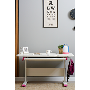 Yükseklik ve Eğim Ayarlı, Vega Simple Çalışma Masası - 130x70 cm, Ekru/Fuşya Pembe