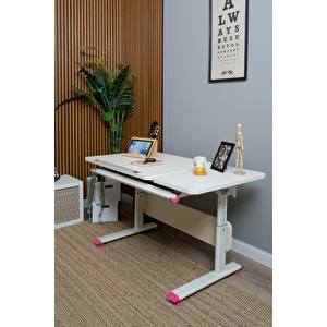 Creo Mobili Yükseklik ve Eğim Ayarlı, Vega Simple Çalışma Masası - 130x70 cm, Ekru/Fuşya