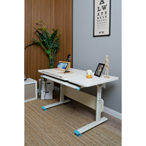 Creo Mobili Yükseklik ve Eğim Ayarlı, Vega Simple Çalışma Masası - 130x70 cm, Ekru/Mavi