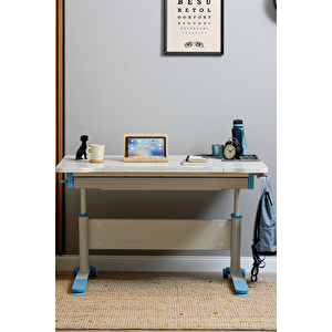 Yükseklik ve Eğim Ayarlı, Çekmeceli, Sirius Basic Çalışma Masası 120x75 cm, Ekru/Mavi Mavi