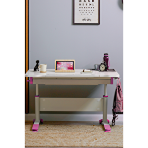 Yükseklik ve Eğim Ayarlı, Çekmeceli, Sirius Basic Çalışma Masası 120x75 cm, Ekru/Fuşya Pembe