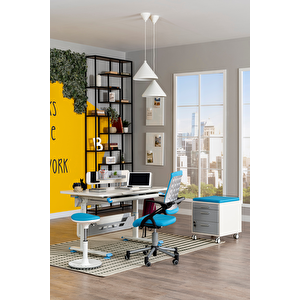 Yükseklik ve Eğim Ayarlı, Vega Premium Bilgisayar ve Çalışma Masası Takımı Ekru/Mavi Mavi