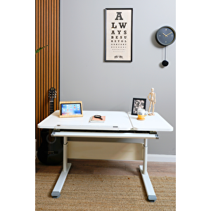 Yükseklik ve Eğim Ayarlı, Çekmeceli, Vega Basic Çalışma Masası 130x70 cm, Beyaz/Gri Gri 04