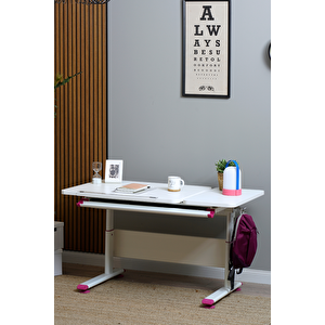 Yükseklik ve Eğim Ayarlı, Çekmeceli, Vega Basic Çalışma Masası 130x70 cm, Beyaz/Fuşya Pembe