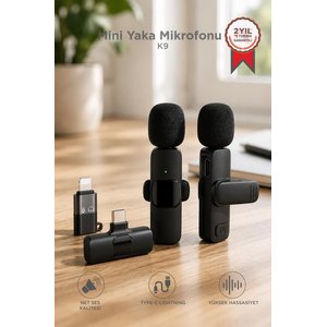 Torima Yaka Mikrofonu Type-c Lightning Dönüştürücülü 2 Adet Kablosuz Mikrofon K9