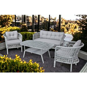 Alle Garden Rattan 2+1+1+cam Sehpa Minderli Bahçe Balkon Oturma Grubu Gri