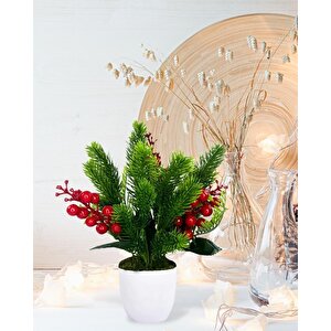 Yapay Çiçek Yılbaşı Çiçeği Kırmızı Kokina Ve Çam Dalı  Beyaz Aksıda 30*20cm