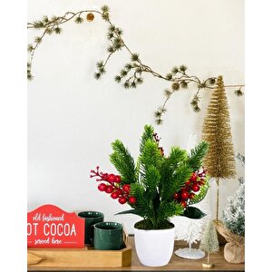 Yapay Çiçek Yılbaşı Çiçeği Kırmızı Kokina Ve Çam Dalı  Beyaz Aksıda 30*20cm