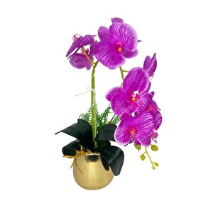 Yapay Çiçek Fuşya Islak Orkide Gold Metal Saksıda Seramik Saksıda Orkide 60cm