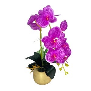 Yapay Çiçek Fuşya Islak Orkide Gold Metal Saksıda Seramik Saksıda Orkide 60cm