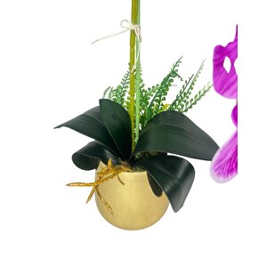 Yapay Çiçek Fuşya Islak Orkide Gold Metal Saksıda Seramik Saksıda Orkide 60cm