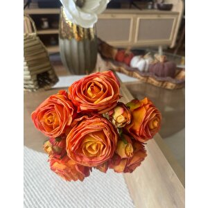Yapay Çiçek Kuru Gül Turuncu Renk 6çiçek 4tomurcuk 10lu Demet Gelin Çiçeği Buketi