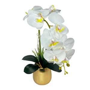 Yapay Çiçek Beyaz Islak Orkide Gold Metal Saksıda Seramik Saksıda Orkide 60cm