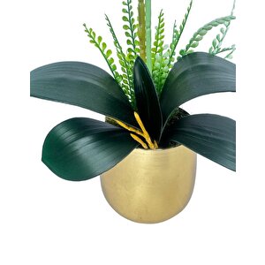Yapay Çiçek Beyaz Islak Orkide Gold Metal Saksıda Seramik Saksıda Orkide 60cm