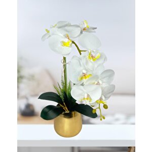 Yapay Çiçek Beyaz Islak Orkide Gold Metal Saksıda Seramik Saksıda Orkide 60cm