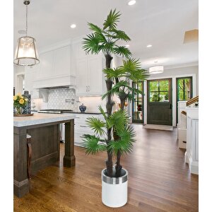 Yapay Ağaç Palmiye Fanpalm 3katlı 24yaprak Gümüş Kemerli Beyaz Saksıda 165*65cm