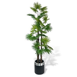 Yapay Ağaç Yelpaze Palmiye 4katlı Fanpalm 32 Yaprak Gümüş Kemerli Siyah Saksıda 170*65cm
