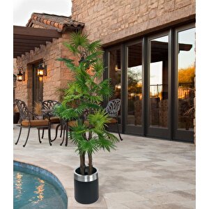 Yapay Ağaç Yelpaze Palmiye 4katlı Fanpalm 32 Yaprak Gümüş Kemerli Siyah Saksıda 170*65cm