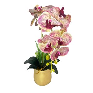 Yapay Çiçek Pembe Çilli Islak Orkide Gold Metal Saksıda Seramik Saksıda Orkide 60cm