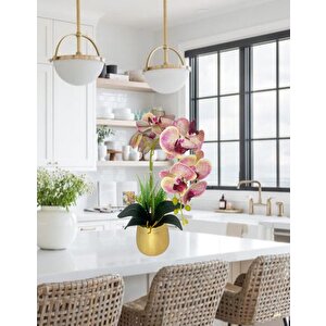 Yapay Çiçek Pembe Çilli Islak Orkide Gold Metal Saksıda Seramik Saksıda Orkide 60cm