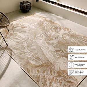 Leke Tutmaz İç Dış Mekan Bej Renk Tropikal Desenli Halı Kilim 160 X 230 Cm