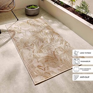 Leke Tutmaz İç Dış Mekan Bej Renk Tropikal Desenli Halı Kilim 80 X 150 Cm