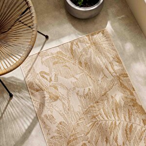 Ocean Home Textile Leke Tutmaz İç Dış Mekan Bej Renk Tropikal Desenli Halı Kilim 80 X 150 Cm