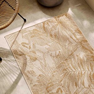 Ocean Home Textile Leke Tutmaz İç Dış Mekan Bej Renk Tropikal Desenli Halı Kilim 80 X 150 Cm