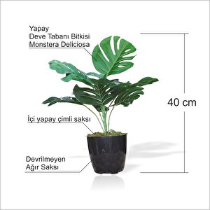 Yapay Uzun 40 Cm Çimli Saksılı Monstera Deliciosa Deve Tabanı Kauçuk Çiçeği Bitkisi Ağacı Yaprağı