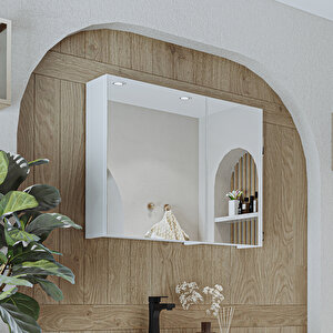 Banyo Dolabı Kulpsuz 2 Kapaklı Mdf 75 Cm Aynalı Banyo Üst Dolabı Beyaz