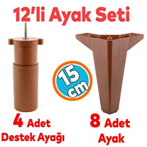 Mobilya Tv Ünitesi Çekyat Koltuk Kanepe Destek Ayağı Yükseltici 15 Cm Kahverengi Baza Ayak 12'li Set