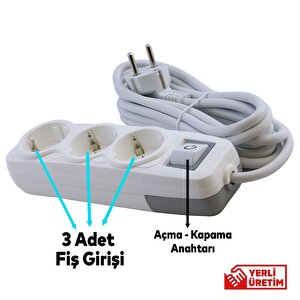 Anahtarlı Grup Priz 3'lü Topraklı 5 Metre Seyyar Ara Kablolu Uzatma Kablolusu Üçlü Piriz