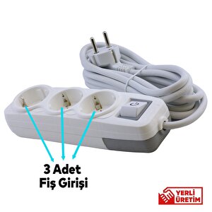 Anahtarlı Grup Priz 3'lü Topraklı 2 Metre Seyyar Ara Kablolu Uzatma Kablolusu Üçlü Piriz