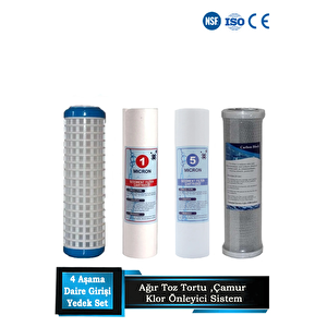 Daire Bina Sayaç Girişi 10" Inc 4 Aşama ( Yıkanabilir,1 Mikron,5 Mikron,Blok ) Yedek Filtre Seti
