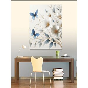 Kanvas Tablo Beyaz Çiçekler Ve Mavi Kelebekler 70x100 cm