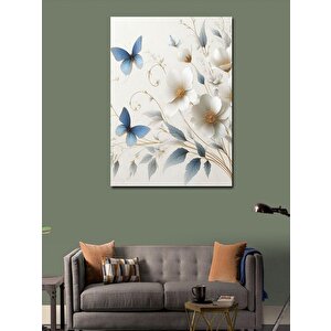Kanvas Tablo Beyaz Çiçekler Ve Mavi Kelebekler 70x100 cm