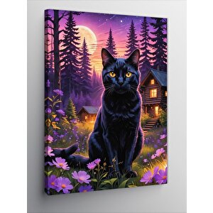 Kanvas Tablo Siyah Kedi Ve Çiçekler 70x100 cm
