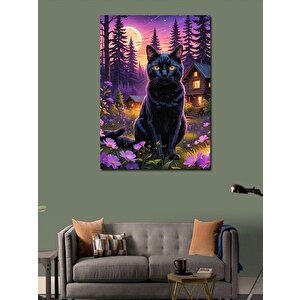 Kanvas Tablo Siyah Kedi Ve Çiçekler 70x100 cm